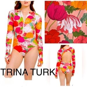 Trina Turk Pink Red Orange Floral Long-Sleeve One-Piece Swimsuit